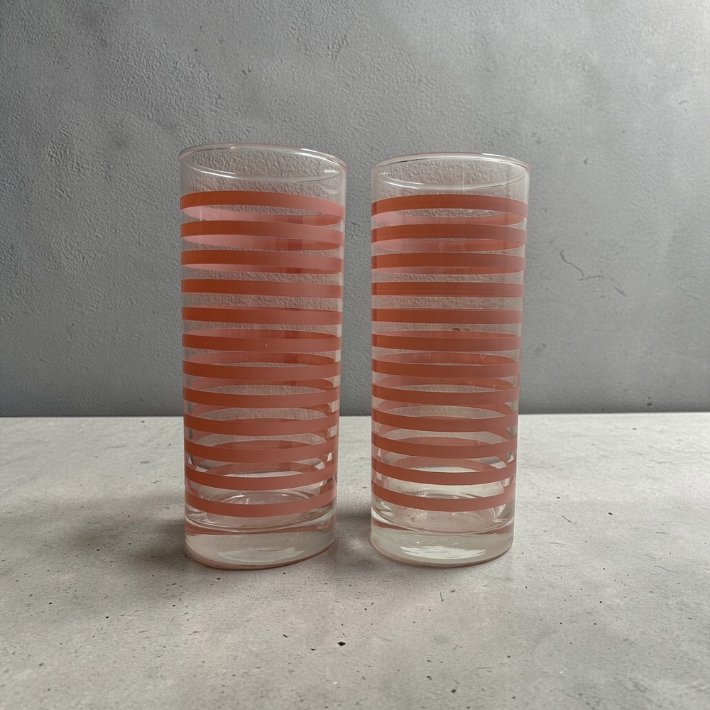 Vintage Pink Striped Highball Glasses Set of 2 Mid Century Modern Tumblers